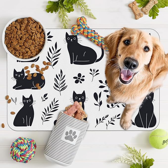 Cute Black Flower Dog Cat Food Mat,Absorbent Pet Feeding Mat with Rubber Backing,Non-Slip Water Bowl Placemat,Indoor Pet Accessories Supplies 16"x24"