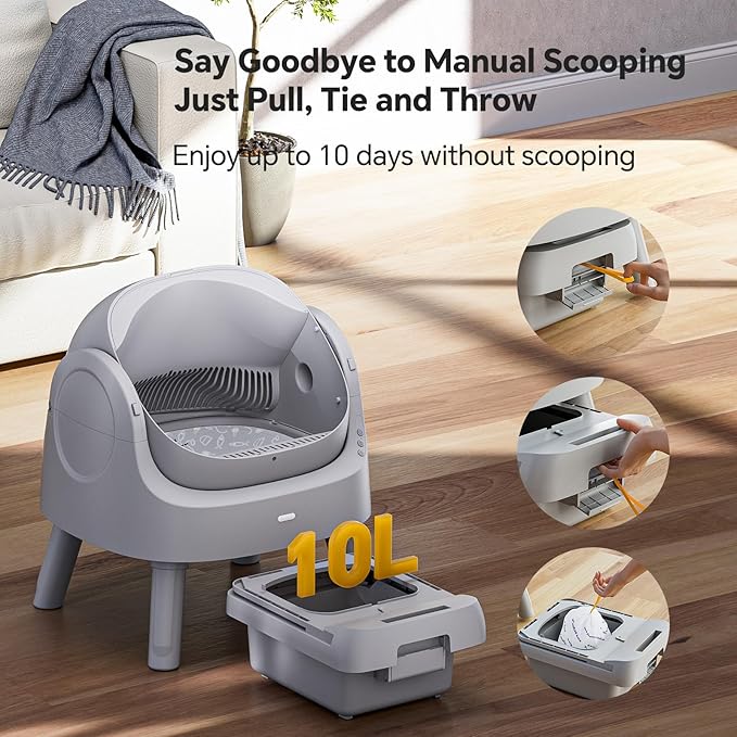 Automatic Self Cleaning Litter Box, with 4 Pairs Infrared Senor, Open-Top Design for Multi-Cat Homes, Comes with Liner Bags and Cat Litter Mat, Grey
