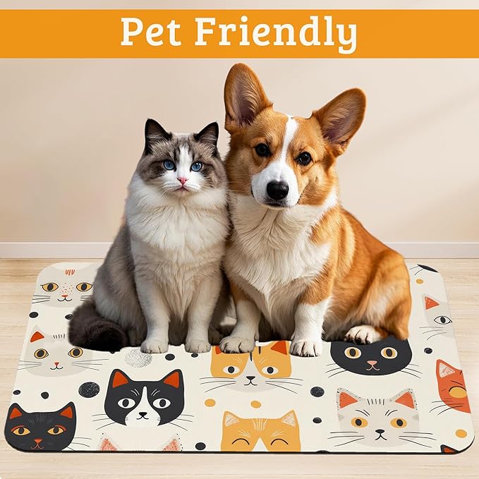 Cats Dog Cat Food Mat,Absorbent Waterproof Placemat for Food and Water Non Slip Rubber Backing Durable Feeding Pad for Clean Floors 16" x 24"