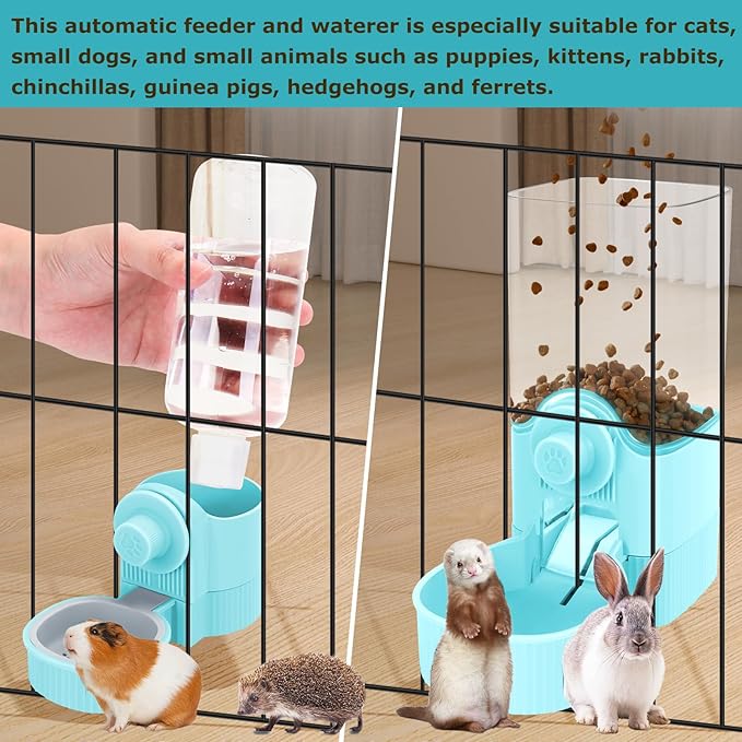 GPY Automatic Hanging Gravity Pet Feeder and Water Dispenser Set ，Automatic Rabbit Feeder and Dog Water Dispenser for Dogs Cats Pets Animals Large Capacity (Blue Water Feeder&Food Feeder) (Blue)