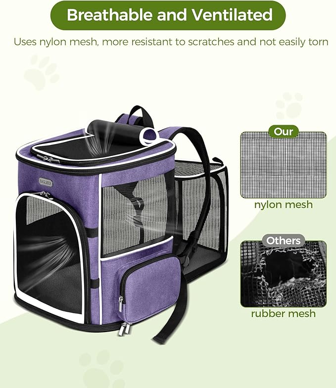 BAGLHER Expandable Cat Carrier Backpacks, Retractable Pet Carrier Backpack for Small Dogs & Cats with Breathable Mesh, Travel Bag Up to 18 Lbs for Hiking Camping Outdoor - Purple