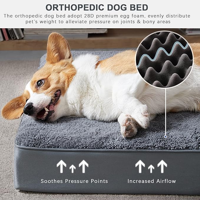 MIHIKK Waterproof Dog Beds for Small Dogs Orthopedic Dog Beds for Crate with Removable Washable Cover Egg-Crate Foam Pet Pad Mat with Anti-Slip Bottom, 23x17 Inch, Grey