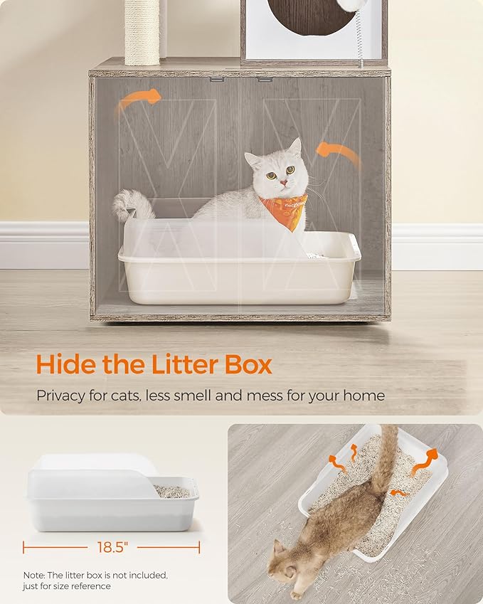 Feandrea Cat Tree with Litter Box Enclosure, 70.1-Inch Tall Cat Tower, 2-in-1 Modern Condo with Scratching Posts, Perch, Caves, Basket, Washable Cushion, Heather Greige UPCT116G01