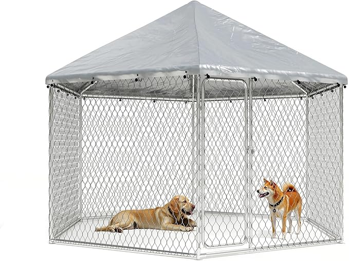 6.8x6.8 FT Outdoor Dog Kennel Outside Heavy Duty Dog Enclosure with Waterproof Cover and Security Lock, Galvanized Wire Mesh Hexagonal Large Dog Kennel(81x81x95.3IN)