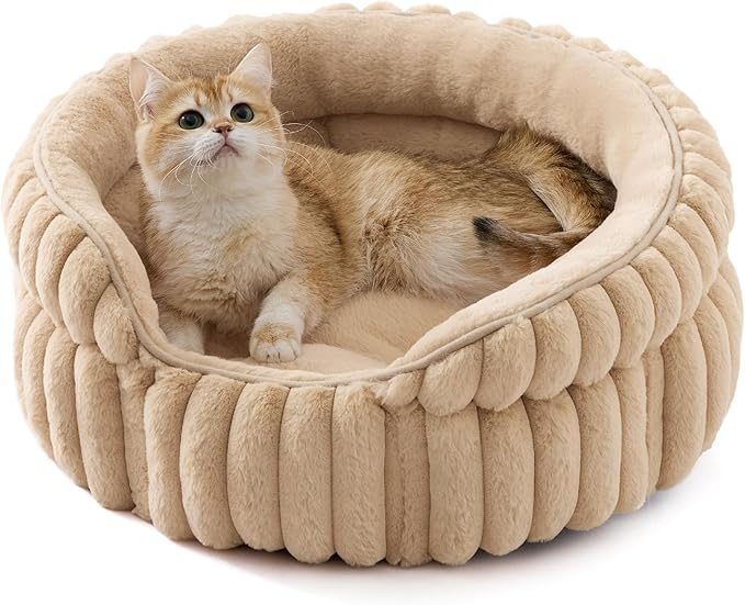 Bedsure ComfyFleece™ Small Cat Bed, Washable Round Cute Pet Beds for Indoor Cats, Super Soft Corduroy Kitten Bed with Anti-Slip Bottom, 20''x20''x8'', Sandy Beige
