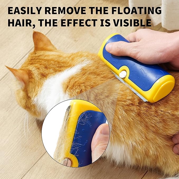 Dog Deshedding Brush & Shedding Blade, Everyday Undercoat Grooming Tool for Short & Medium Fur and Double Coats, Replaceable Metal Blade, Ergonomic Handle, Blue & Yellow