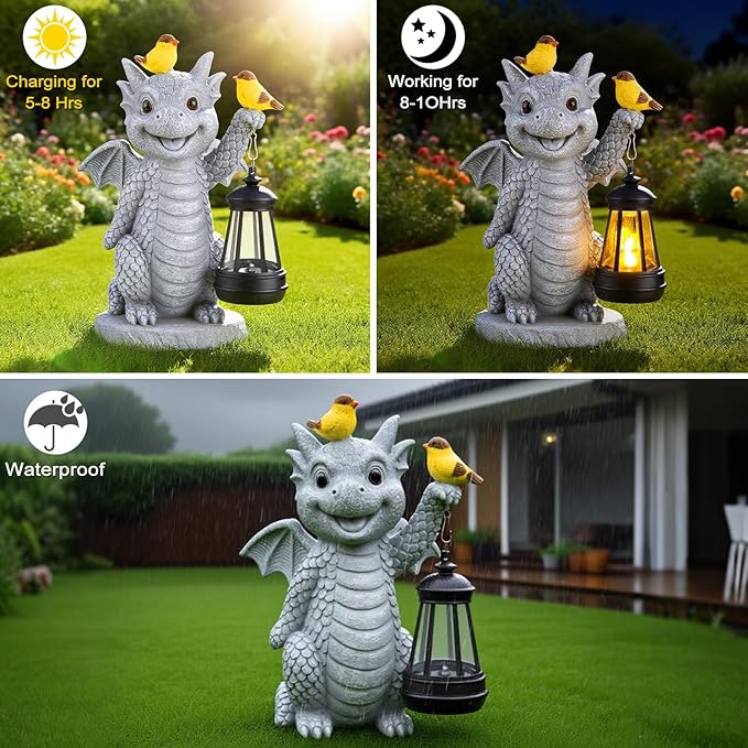 ILLUMINEW Solar Dragon Garden Statue with Lantern and Birds – Resin Dinosaur Figurine with LED Light for Yard, Outdoor Decor, Gifts for Mom, Women (Dragon)