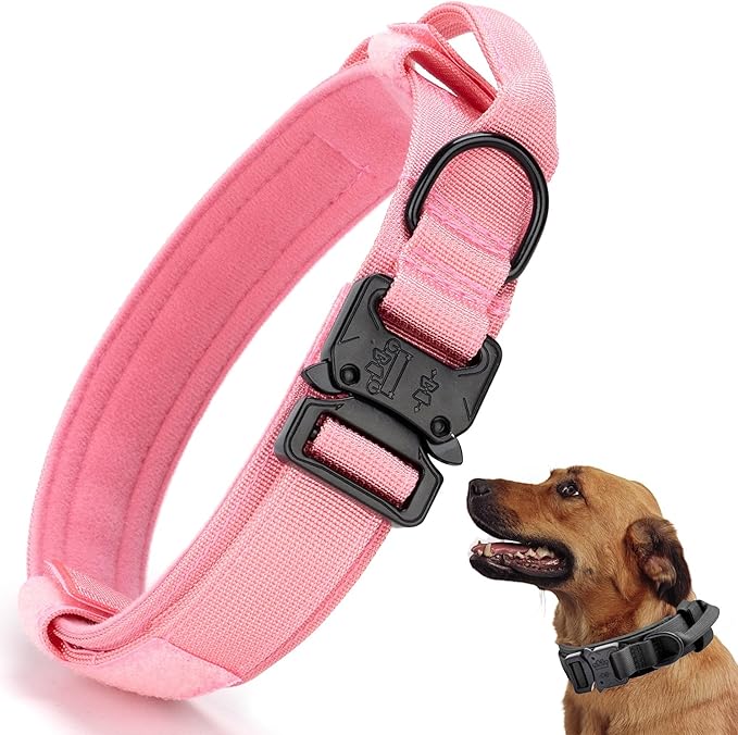 Tactical Dog Collar, Adjustable Military Training Nylon Dog Collar with Control Handle and Heavy Quick-Release Metal Buckle for Small Medium Large Dogs, Light Pink M