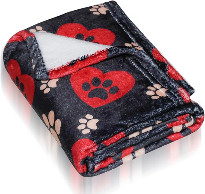 Dog Blankets for Large Dogs, 60"x50" Blanket Washable, Fuzzy Soft Pet Mat Throw Cover for Kennel Crate Bed, Cute Paw Pattern, Cat Blanket, Gifts Medium Small Pet Essentials, Black Red