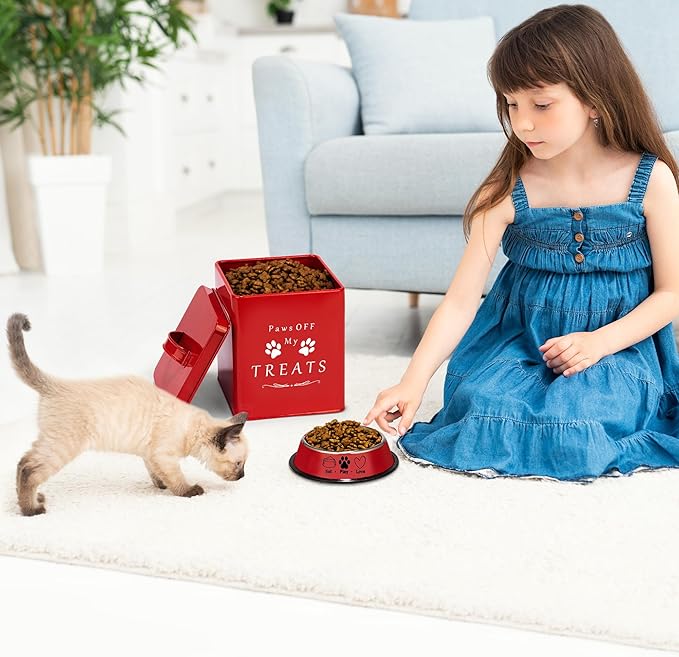 Meraki Home Farmhouse Cat Food and Treats Containers + Feed Scoop + Pet Food Bowl - Tight Lids - Large Metal Storage Bin - Great Gift for Cute Pets (Glossy Red)