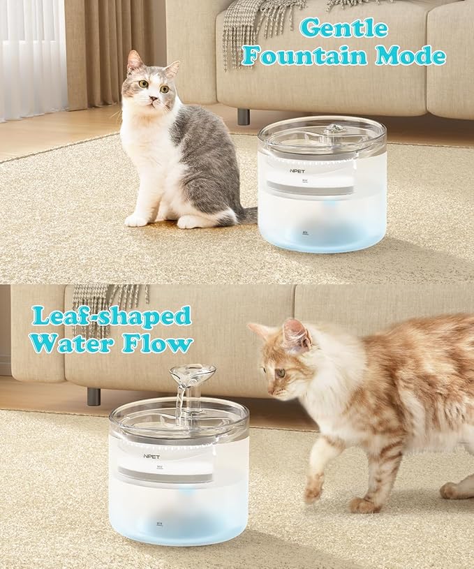NPET WF100 Cat Foutain, 54oz/1.6L Automatic Pet Water Fountain Dog Water Dispenser with 2 Flow Modes, Bottom Suction LED Light Quiet Pump for for Cats & Small Dogs