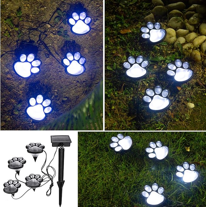 Elnsivo Paw Print Solar Outdoor Lights, Solar Lights Outdoor Waterproof Dog Paw Light (Set of 4), Cat Puppy Animal Garden Light Path Lamp Walkway Lighting for Patio,Yard, Any Pet Lover (White paw)