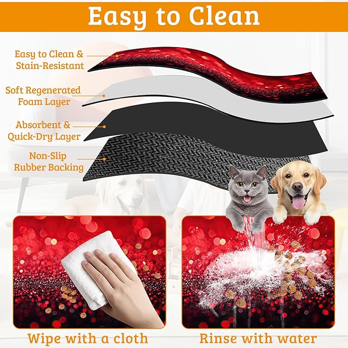 Red Gradienr Feeding Mat,Black Glitter Absorbent Quick-Dry Cat Dog Food and Water Bowl Mats,Non-Slip Rubber Backing Mat,Cat Dog Accessories Supplies 12" x 20"