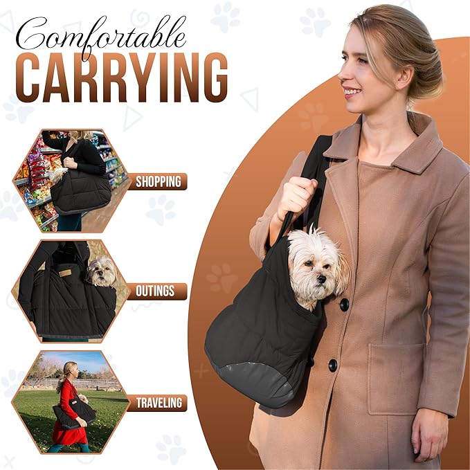 NoblePup Plush Dog Purse Carrier for Small Dogs, Soft Tote Bag with Safety Harness Clip, Cozy Pet Carrier for Dogs Under 15 lbs, Comfortable Shoulder Carrier for Travel, Black 2.0