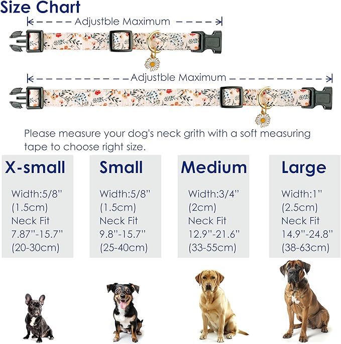 Cute Dog Collar Beige Flower Pattern for Boys and Girls Holiday Dog Collars Summer Fall Gift Adjustable for Medium to X-Large Breed Dogs (L)