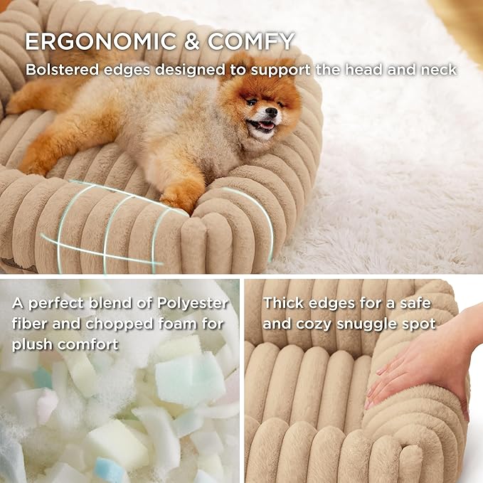 Bedsure ComfyFleece™ Cute Dog Bed for Small Medium Dogs - Washable Furry Puppy Beds, Rectangle Orthopedic Corduroy Fleece Pet Beds with Removable Zipper Cover, 25x21x7inches,Sandy Beige