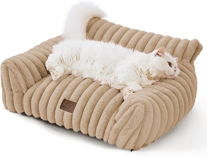 Bedsure ComfyFleece™ Cute Cat Couch for Pets - As Seen on TV on Good Day New York, Fuzzy Cats beds for Indoor Cats with Removable Washable Cover, Supportive Pet Sofa, 24inch, Sandy Beige
