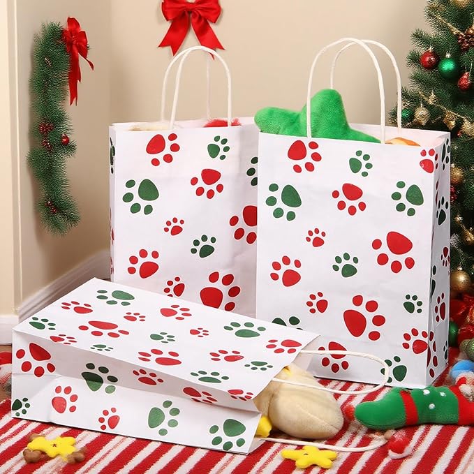 Blulu 20 Pcs Christmas Red Green Puppy Dog Paw Gift Bags with Paper Twist Handles, Dog Paper Gift Paw Treat Goodie Bags for Pet Treat Party Favor, 6.3 x 3.1 x 8.6 Inch