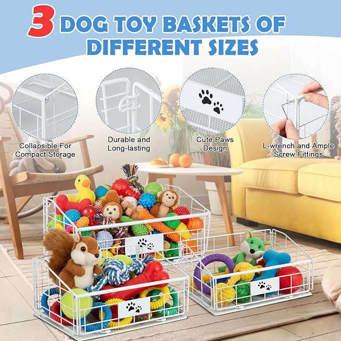 Mimorou 3 Pack Metal Dog Toy Baskets Multi-sized Foldable Dog Toy Bins Box Storage Container Organizer for Living Room Area Decorative Pet Accessories Coat Clothing Storage Holder Baskets(White)