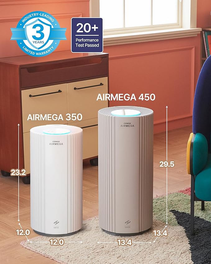 COWAY Air Purifier for Large Room Whole Home Up to 2,640 ft², HEPA Filter for Smoke, Allergen, Pet Dander, Odor, PM 10 AQI, Turbo Eco Mode, Timer, Energy Star, 3yr Warranty, Airmega 350 White