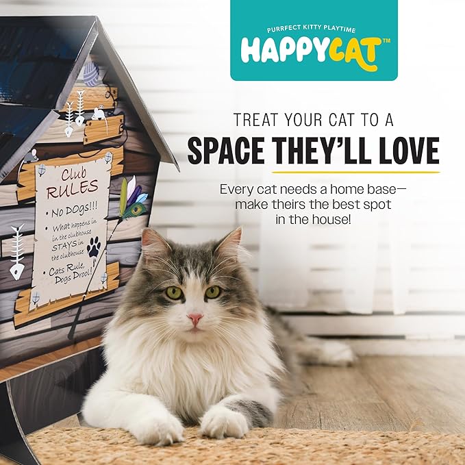 HappyCat Tree House Cat Scratcher House - Natural-Themed Cardboard Cat Playhouse, Scratch Panels, Spacious Interior & Scratch Surfaces - Sturdy Indoor Cat Activity Center