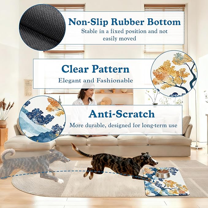 Japanese Wave Tree Dog Food Mat–Christmas Stocking Absorbent Quick Dry Feeding Placemat for Food and Water Bowls, Non Slip Rubber Backing, Waterproof Pet Supplies for Mess-Free Eating 12"x20"