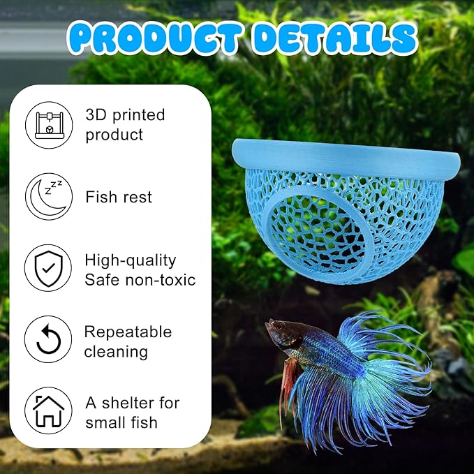 Blue Floating Betta Hide & Shrimp Cave: 3-in-1 Aquarium Hammock, Feeder & Resting Spot for Betta Fish, Shrimp & Small Fish | Eco-Safe PLA