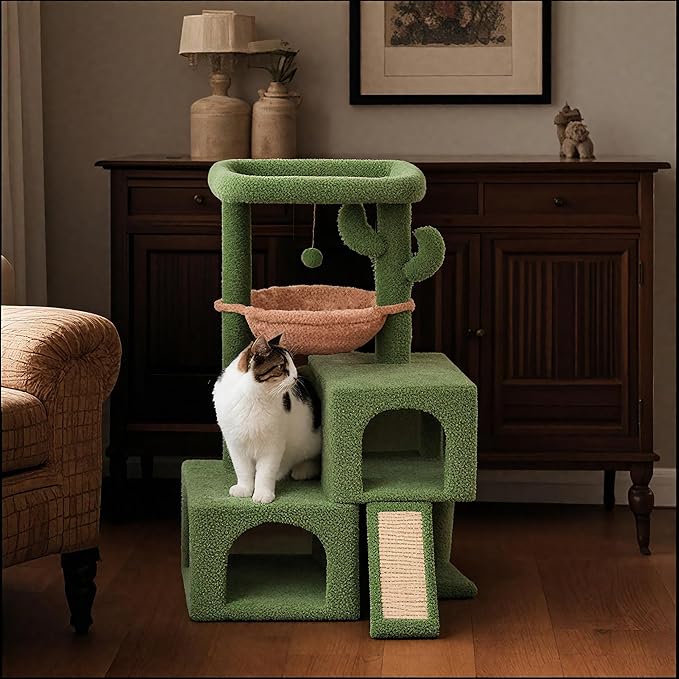 37.4" Cactus Cat Tree Tower with Twin Cat Condos for Indoor Cats, All-in-One Activity Center with Cat Scratching Post Cozy Sleeping Perch Hammock and Toy Balls,Green …