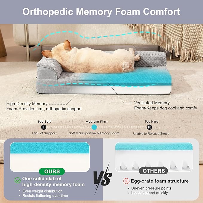 Orthopedic Dog Bed for Small and Medium Dogs, Memory Foam Pet Bed with Washable Removable Cover, Nonskid Bottom, Waterproof, for Indoor, Outdoor, Crate ＆ Car Use, 30x20x6 Inches, Light Grey