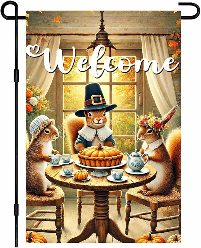 Welcome Garden Flag Autumn Garden Flag Adorable Squirrels Tea Party Decorative Garden Flags Pumpkin Pie Festive Fall Scene Outdoor Yard Banner 12x18 Inch Double Sided Home Accent