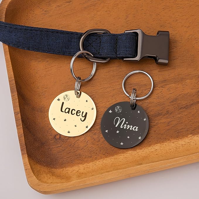 Anavia Small Size Dog Cat ID Tags, Small/XS Personalized Color Plated Stainless Steel Puppy Kitten Name Tags, Customized Engraved Nameplate Pet Collar Tag (Black, Round)