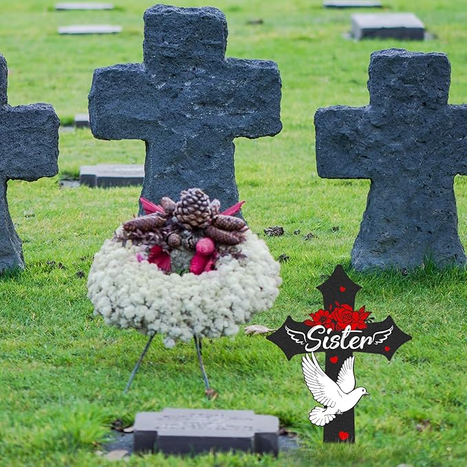 Cross Grave Decorations for Cemetery, Sympathy Memorial Stakes for Loss of Sister, Metal Grave Markers for Cemetery for Sister Outdoors Yard Garden (12 X 7.5 Inches)