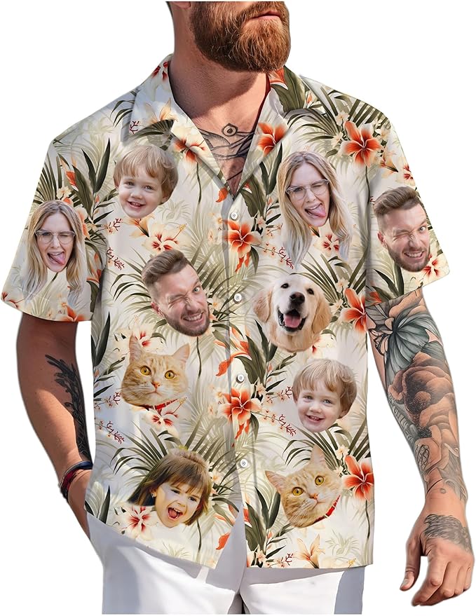 Custom Hawaiian Shirt with Face Photo Picture for Men Women Kids Youth Adult, Tropical Personalized Hawaiian Shirts Gift