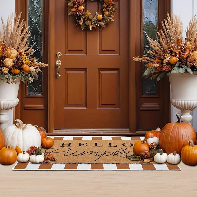 Tinideya 2 Pcs Fall Door Mat Thanksgiving Hello Pumpkin Welcome Non Slip Coir Mats White Orange Buffalo Plaid Floor Layering Doormats Seasonal for Front Porch Entryway Decor(Orange White)