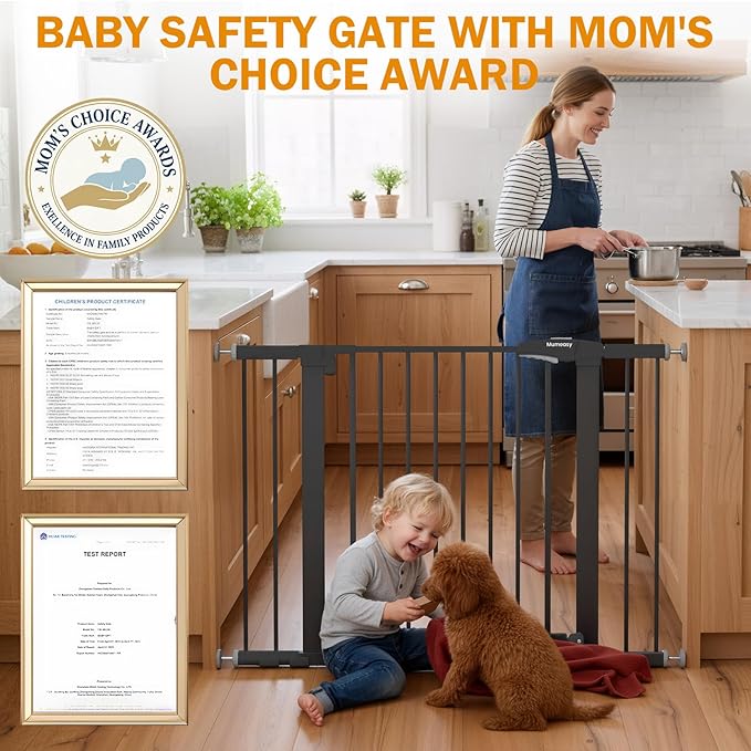 Baby Gate for Stairs, 29.7-43" Auto Close Dog Gate for Doorways & Hallways, Pressure Mounted Pet Gate with Walk Thru Door, Easy Install Safety Gate for Children & Pets, No Drilling, Dual-Lock Design