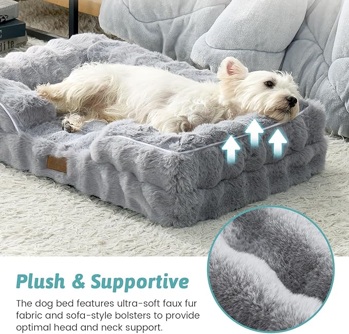 Orthopedic Dog Bed for Large Medium Size Dog, Soft and Warm Faux Fur Sofa for Pet Up to 75 lbs, Foam Bolster Anti-Slip Couch with Washable Removable Cover, L 36x27x6.5 inch, Grey
