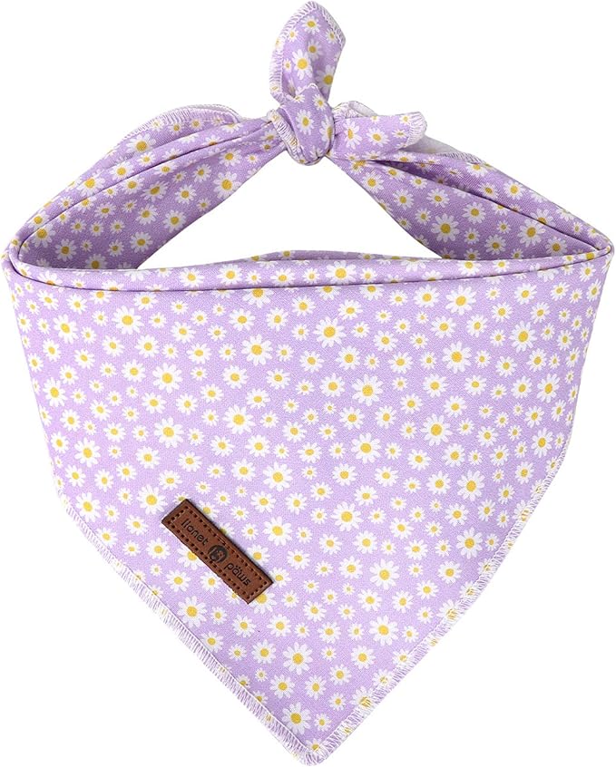 Lionet Paws Spring Daisy Dog Bandana Washable Cotton Handkerchief Scarf Triangle Purple Bandana for Small Medium Large Dogs Girl Boy