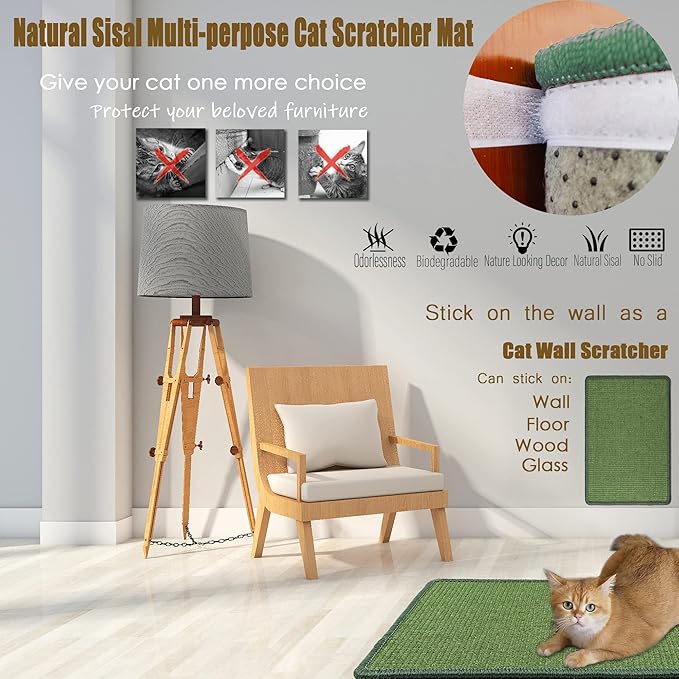 Cat Scratcher Mat, 23.6x15.7inch Natural Sisal Cat Scratchers for Indoor Cats with Velcro,Stick on Floor Cat Wall Scratcher,Horizontal Cat Scratch Mat Protect Furniture (Green Color)