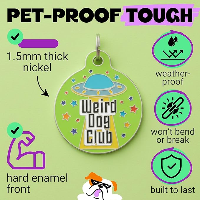 Bad Tags Personalized Dog and Cat ID Tags in 25+ Designs and 2 Sizes - 5 Lines of Custom Engraved Text - Funny Cute Personalized Pet Tags (Weird Dog Club, Large (1.25 inch))