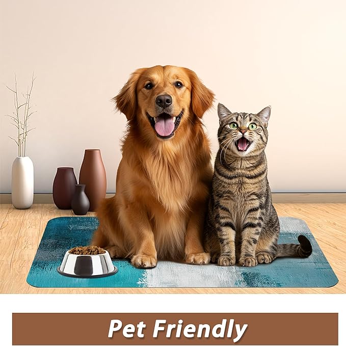 Turquoise Grey Dog Cat Food Mat,Teal Modern Art Absorbent Pet Feeding Mat for Food and Water,Non-Slip Dog Bowl Mats Floor Protector 16"x24"