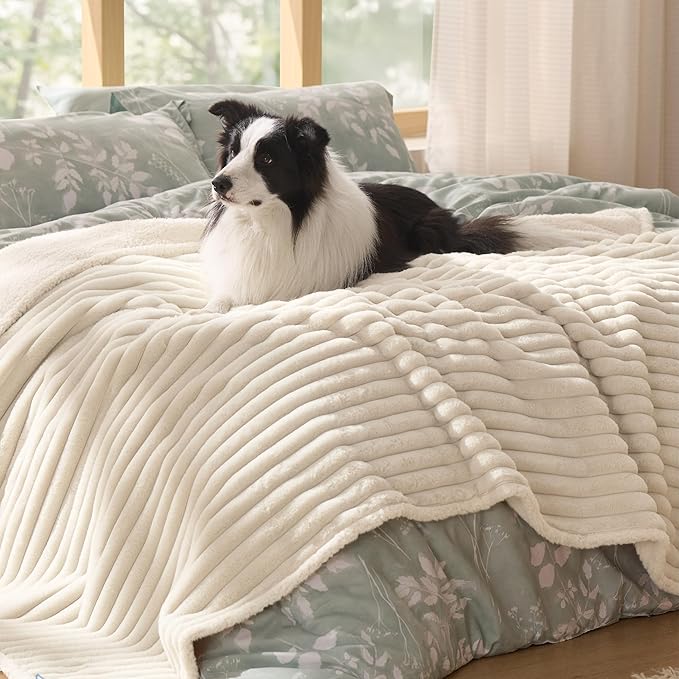 Bedsure ComfyFleece™ Waterproof Dog Blankets for Large Dogs - Soft Pet Cat Blanket Corduroy Fleece for Couch Bed Protector Washable, Cozy Calming Reversible Furniture Protection,50"x60", Cream