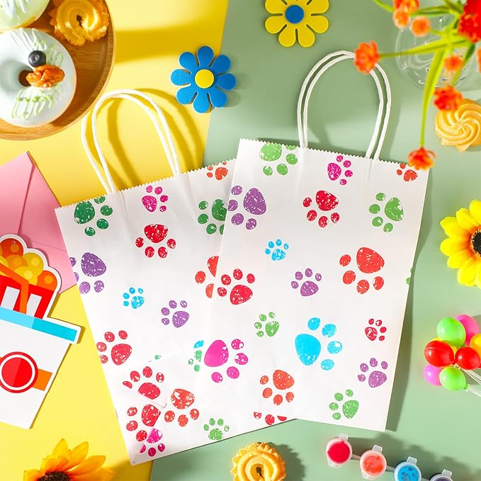 Blulu 20 Pcs Puppy Dog Paw Gift Bags with Paper Twist Handles, Dog Gift Paper Paw Treat Goodie Bags for PET Treat Party Favor, 6.3 x 3.1 x 8.6 Inch(White Backing, Colorful Paws)
