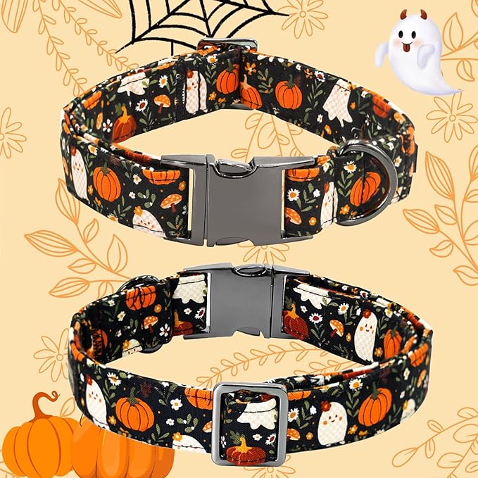 Halloween Dog Collar, Ghost Print Adjustable Pet Collar Fall Pumpkin Cute Cotton Soft Collars with Bow Tie Fall Metal Buckle Holiday Puppy Collars Boy&Girl Gift for Medium Dogs