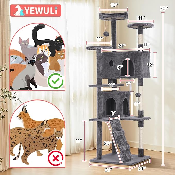 70in Cat Tree Cat Climbing Tower with Scratching Post, Cats House Perch Kitten Tree Condo Wood Playhouse, Pet Trees Tower for Indoor Cats, Light Gray