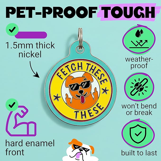 Bad Tags Personalized Dog and Cat ID Tags in 25+ Designs and 2 Sizes - 5 Lines of Custom Engraved Text - Funny Cute Personalized Pet Tags (Fetch These, Small (1 inch))