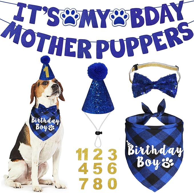 Dog Birthday Party Supplies, Multi Sizes Dog Birthday Hat with Numbers Bandana Bow Tie It’s My Bday Mother Puppers Sign Banner for Medium Large Dogs Pets (Large, Blue)