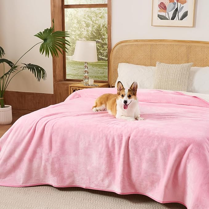Sunheir Waterproof Blanket for Queen Size Bed - 90"x86" Soft Reversible Sherpa Fleece Flannel Dog Blankets for Large Dogs, Pet Blanket for Bed, Couch, Soft Plush Furniture Protector, Pink