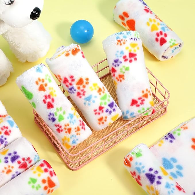 Tatuo 12 Pieces Puppy Blanket for Litter Dog Bulk Summer Throw Blanket Puppy Fleece Blanket with Paw Print Soft Sleep Mat Washable Pet Pad for Kitten Puppy Small Animals(Assorted Style)