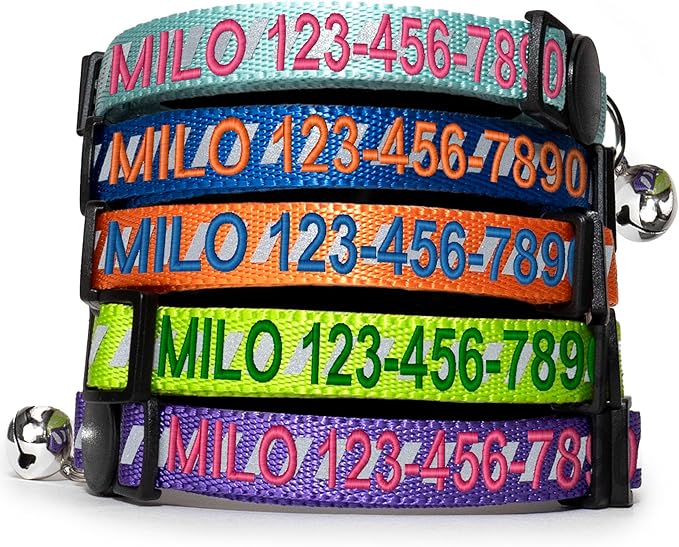 Pawtitas Personalized Green Reflective Cat Collar – Adjustable Custom Collar with Safety Buckle, Removable Bell, and Engraved Name & Phone Number for Kittens and Adult Cats