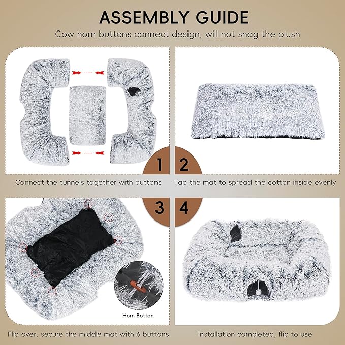 Extra Large Cat Tunnel Bed, 4 Ways Tunnels for Indoor Cats, Multi-cat Family Cat Bed & Cave, Plush Cat Donut with Washable Middle Mat, Exit Balls, Pet Play Toy for Kitten Puppy Rabbit